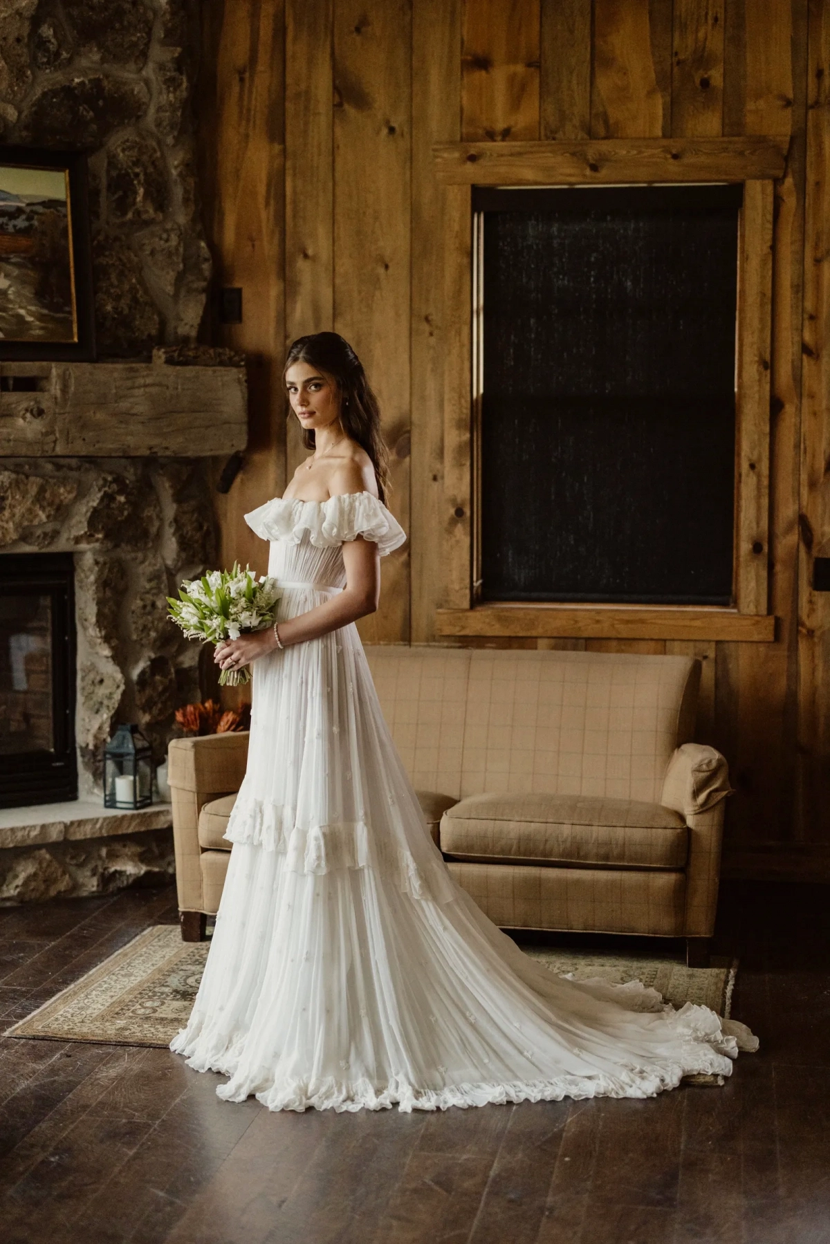 Taylor Hill off shoulder ruffled bohemian wedding dress with court train Taylor Hill off shoulder ruffled bohemian wedding dress with court train