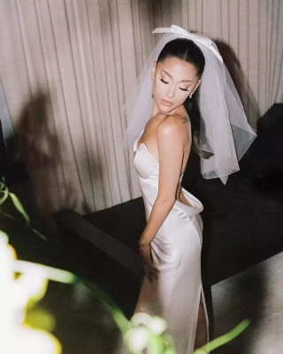 ariana grande sculpted neckline satin sheath wedding dress