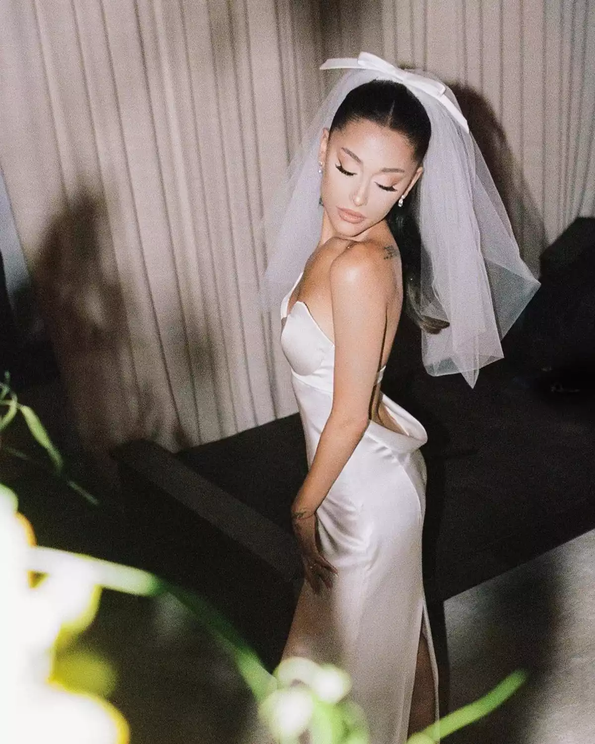 ariana grande sculpted neckline satin sheath wedding dress