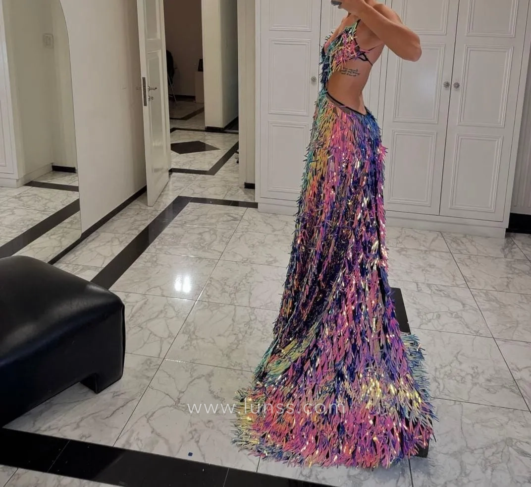 iridescent long sword sequin backless prom dress