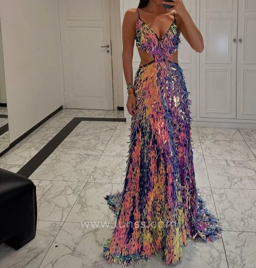 iridescent long sword sequin sexy backless prom dress