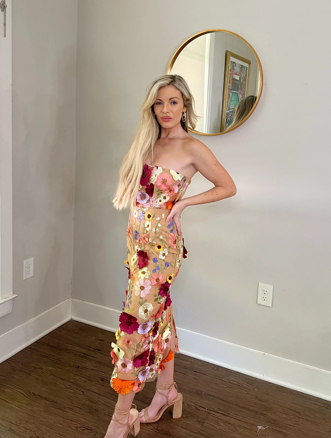 3d wild flowers strapless midi evening dress 3d wild flowers strapless midi evening dress