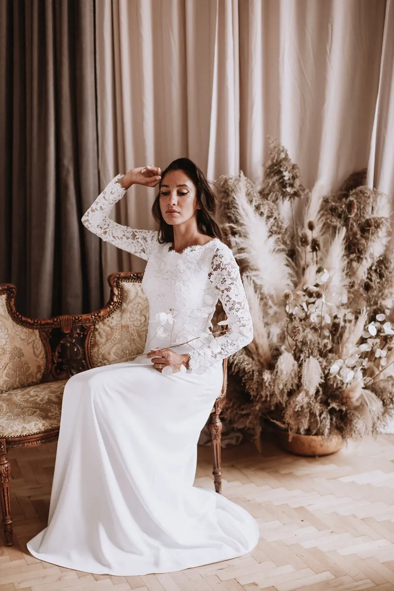 bateau neck long sleeve spring bridal dress