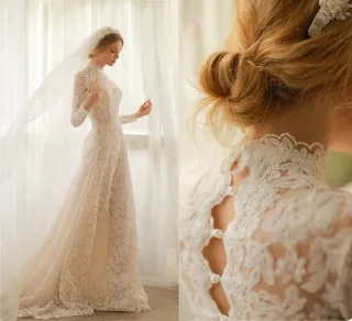 classic illusion high neck long sleeve lace wedding dress