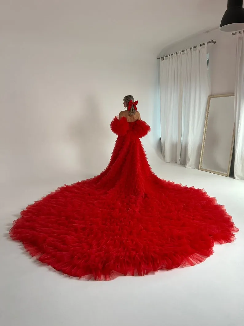exaggerated puffy sleeves tiered tulle red engagement dress exaggerated puffy sleeves tiered tulle red engagement dress