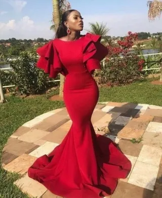 exaggerated ruffled sleeve red mermaid prom dress