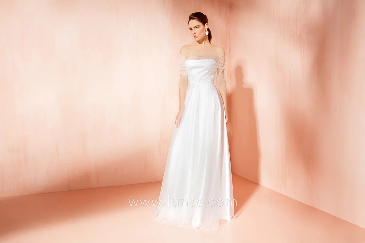 minimalist strapless A line bridal dress with draped sleeves minimalist strapless A line bridal dress with draped sleeves