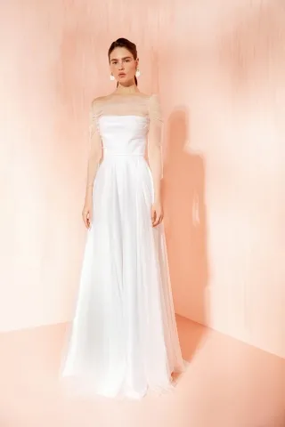 minimalist strapless bridal dress with draped mesh sleeve