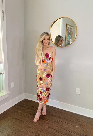 multi color 3d flower lace strapless midi cocktail dress