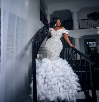 pearl feather mermaid African American wedding dress