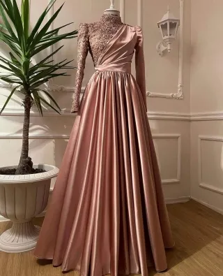 rose gold high neck long sleeves dubai evening dress