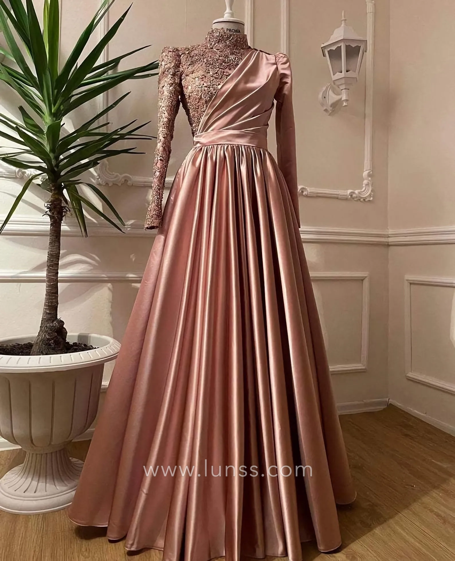 rose gold high neck long sleeves dubai evening dress