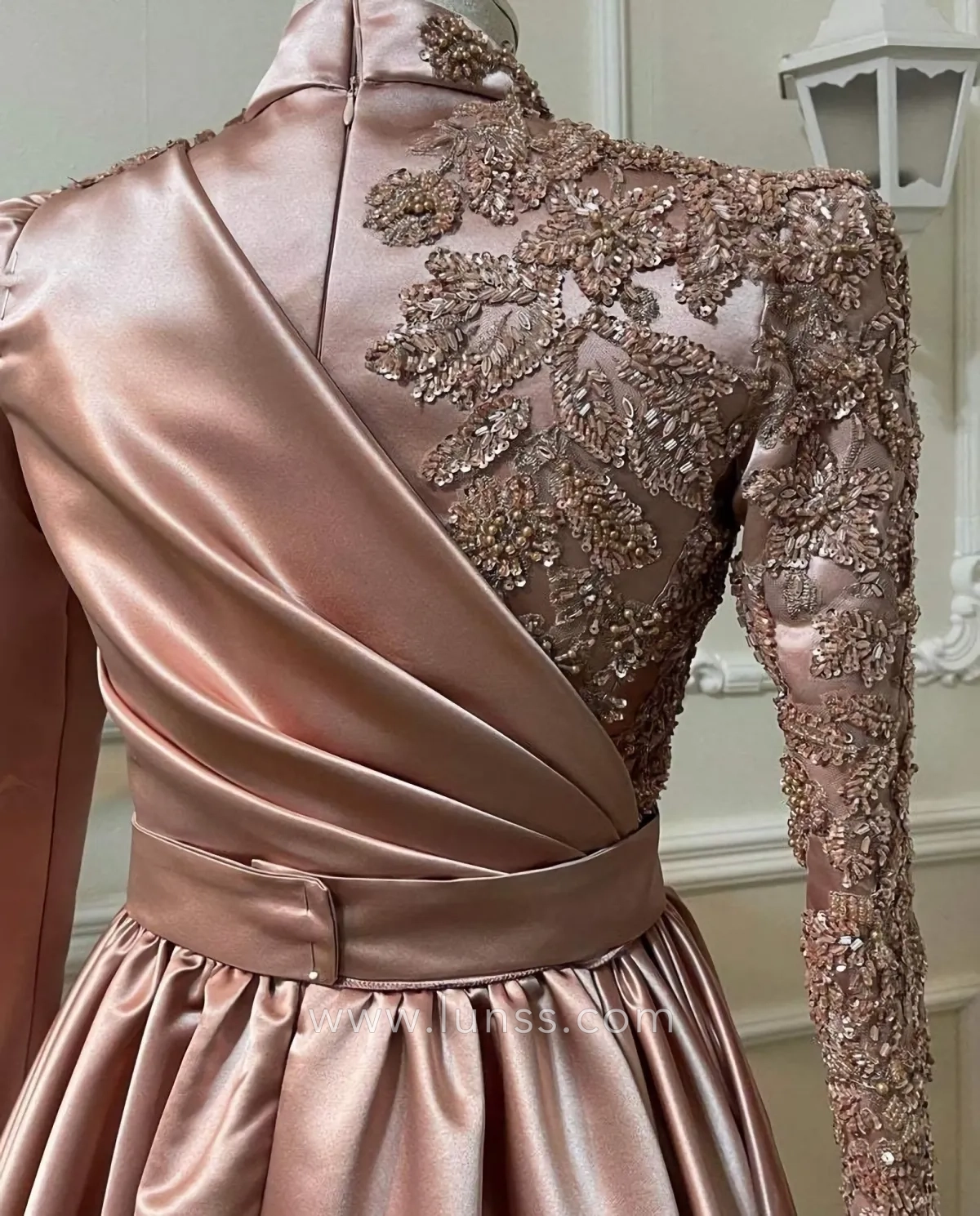 rose gold long sleeve Arabic prom dress