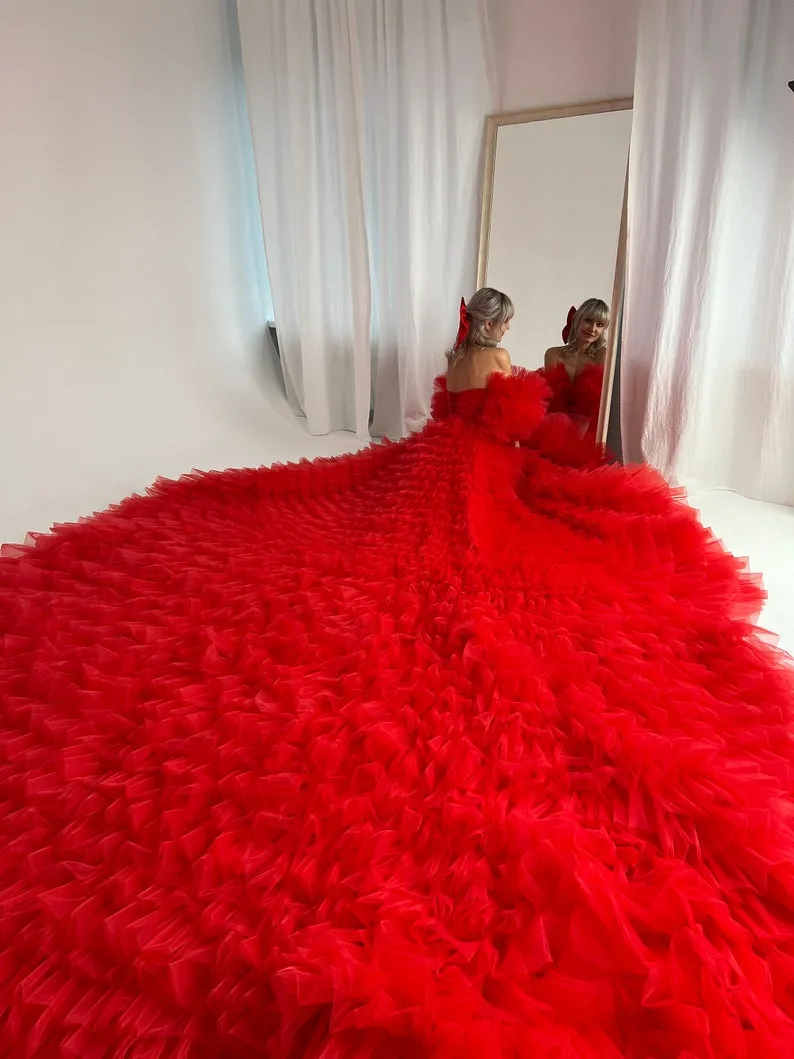 ruffle tiered red tulle long train photoshoot dress ruffle tiered red tulle long train photoshoot dress