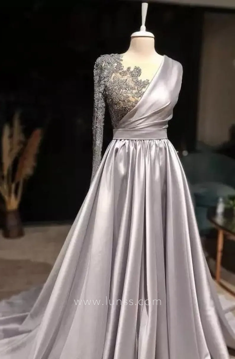silver gray high neck long sleeve Arabic formal dress