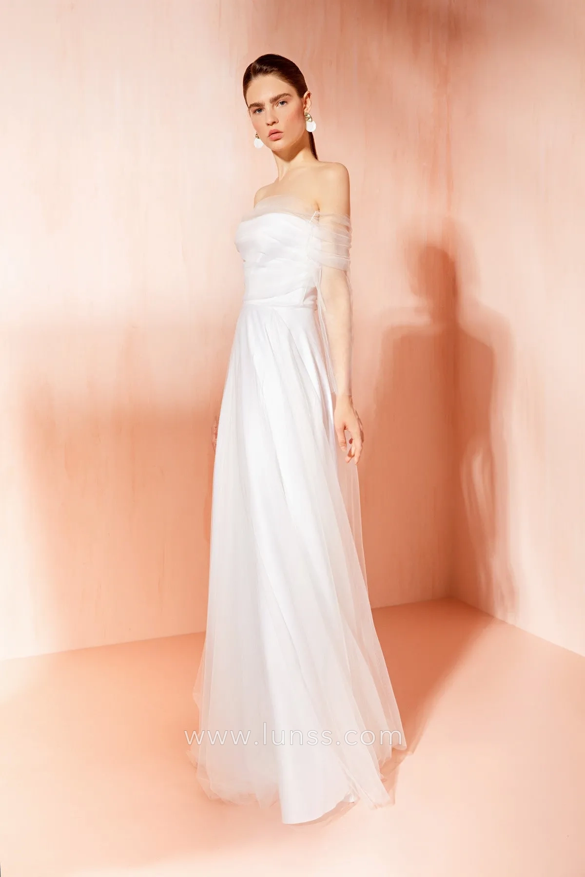 strapless modern bridal dress with draped mesh sleeve strapless modern bridal dress with draped mesh sleeve