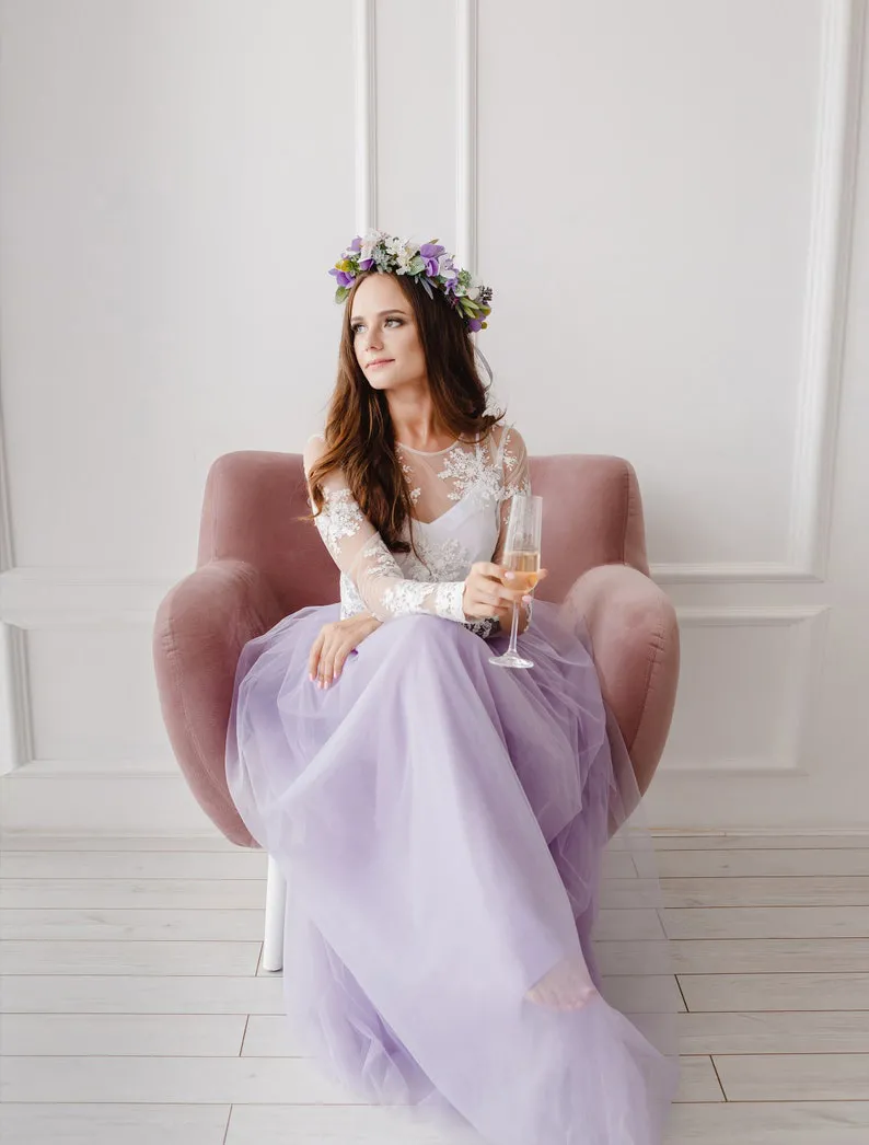 two piece lace and tulle long sleeve a line wedding party dress two piece lace and tulle long sleeve a line wedding party dress