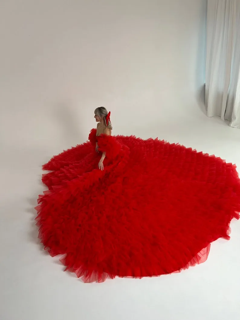unique ruffle tiered red tulle long train engagement dress unique ruffle tiered red tulle long train engagement dress