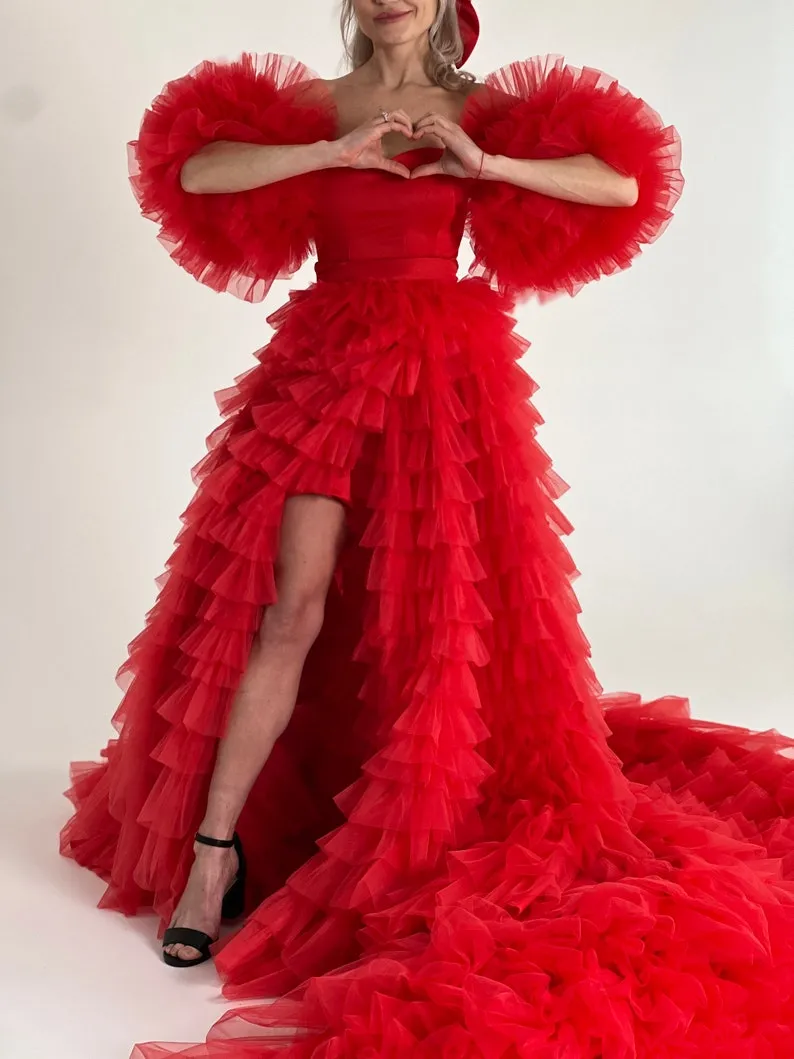 unique ruffle tiered red tulle prom dress unique ruffle tiered red tulle prom dress