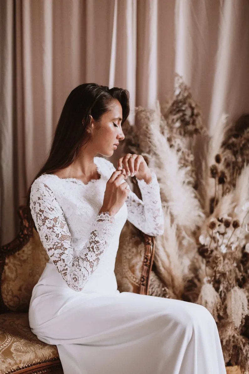 white lace bodice bateau neck long sleeve wedding dress