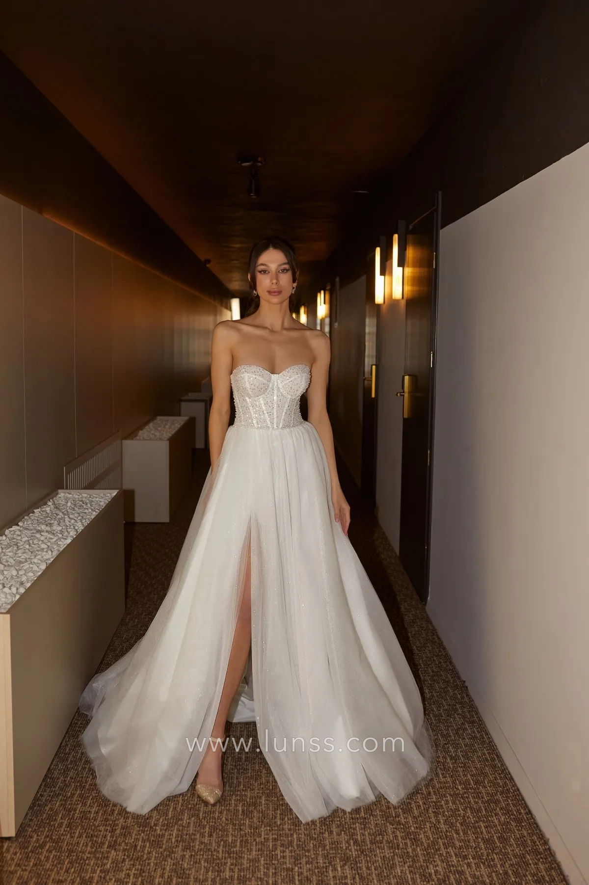 beading off shoulder slit bridal gown