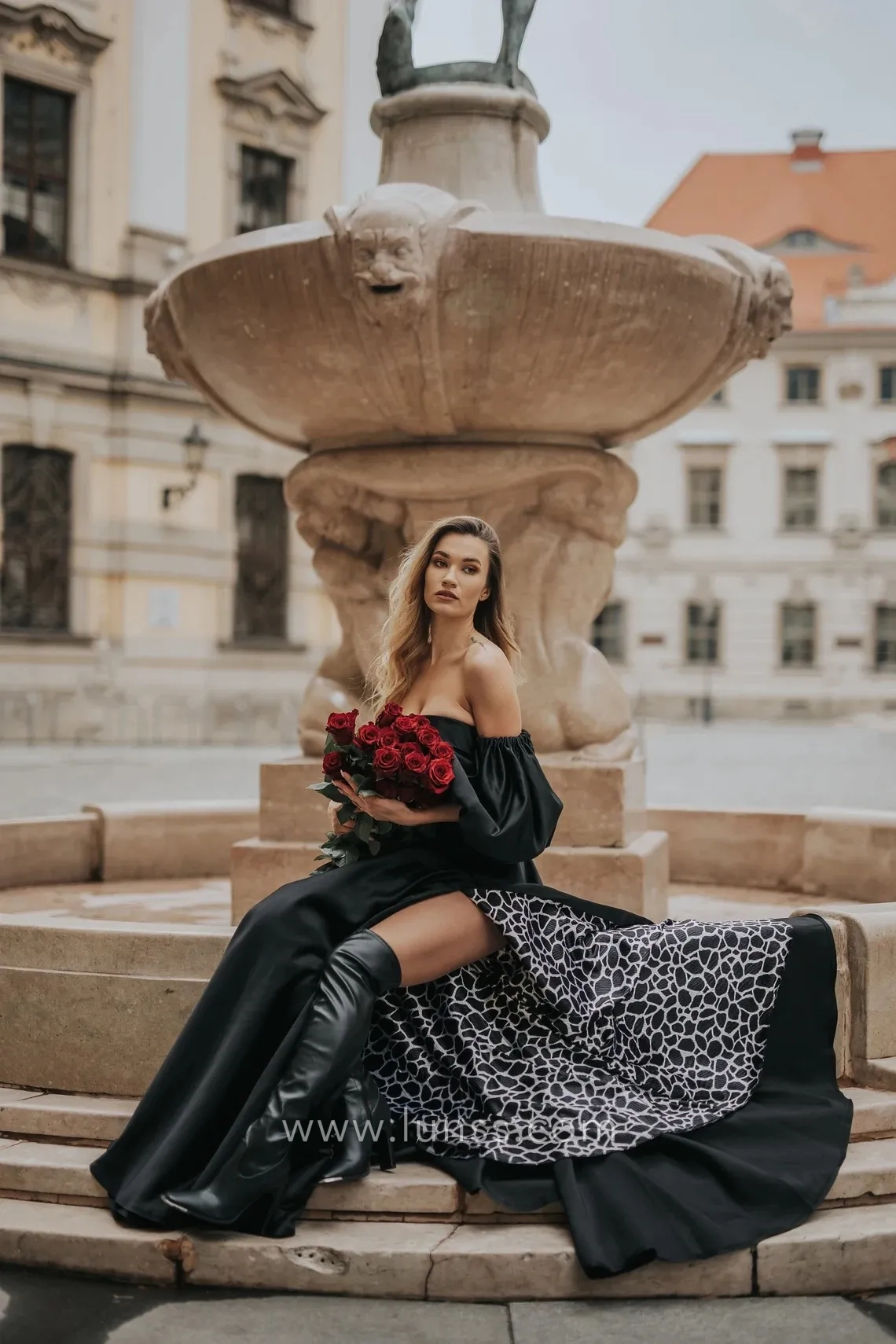 black satin strapless evening gown with detachable puffy sleeves