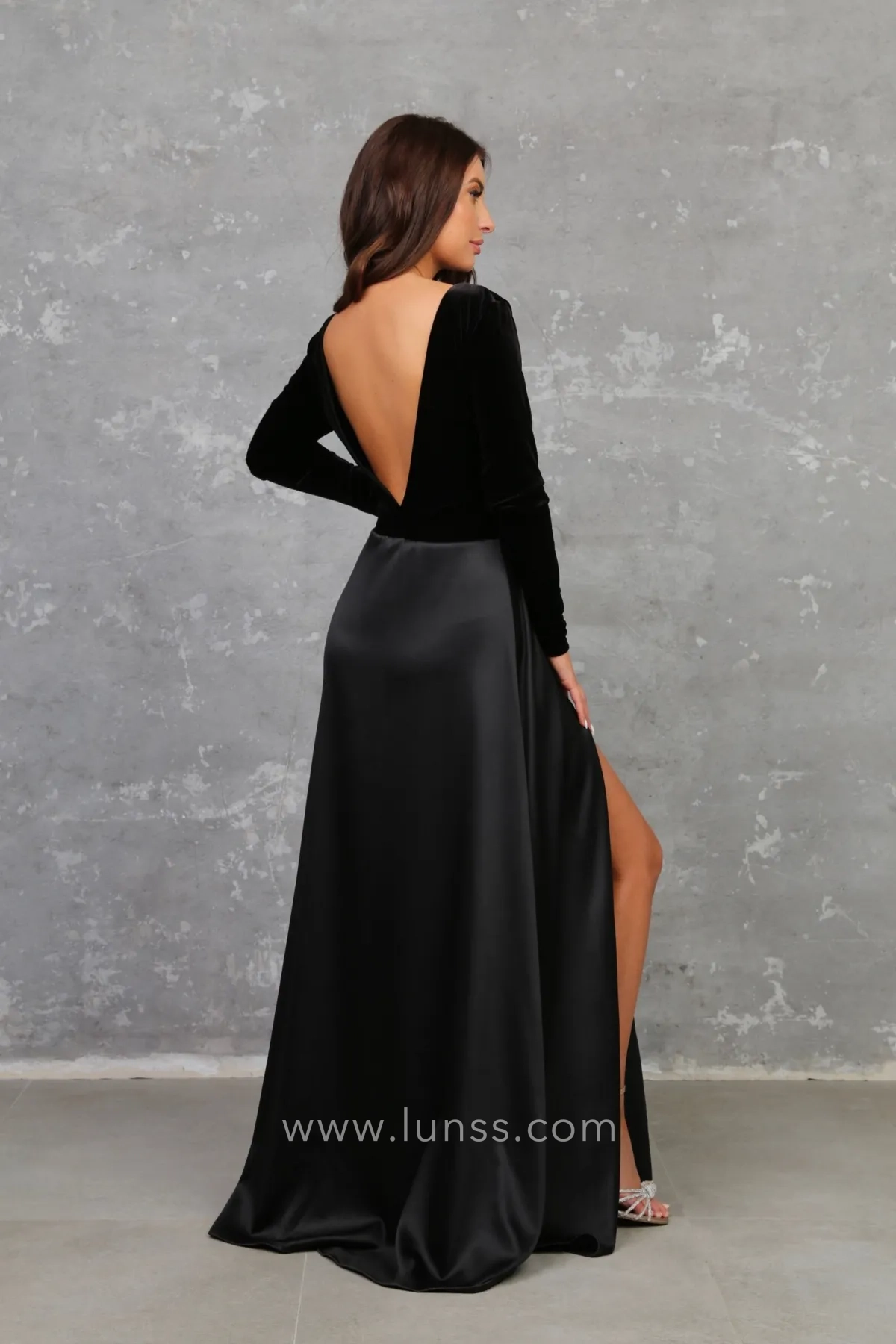 black velvet and satin low v back reception dress