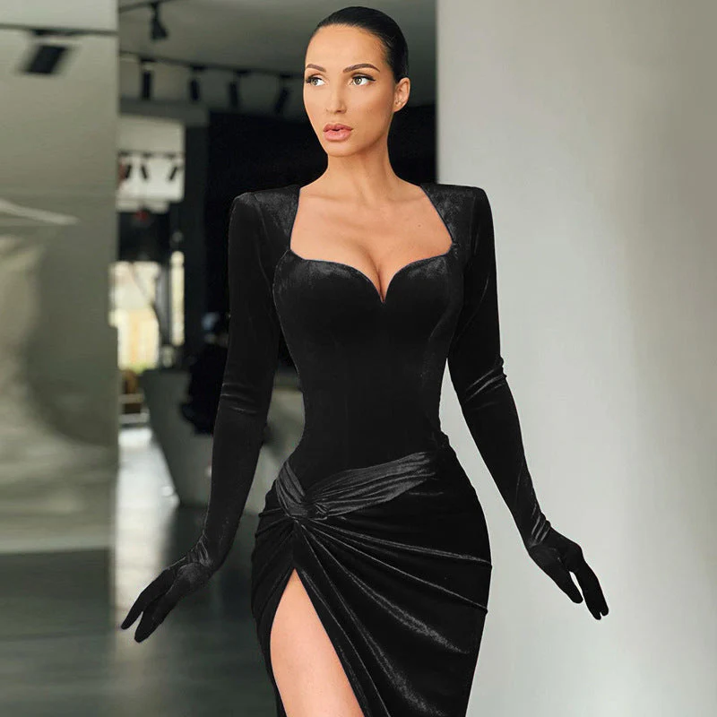 black velvet long sleeve evening party gown