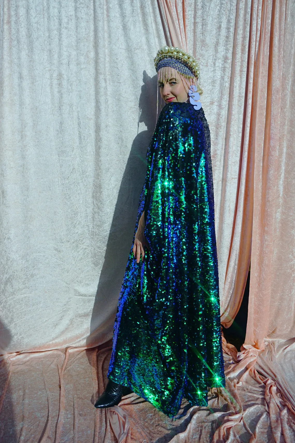 blue green reversible sequin v neck kaftan gown