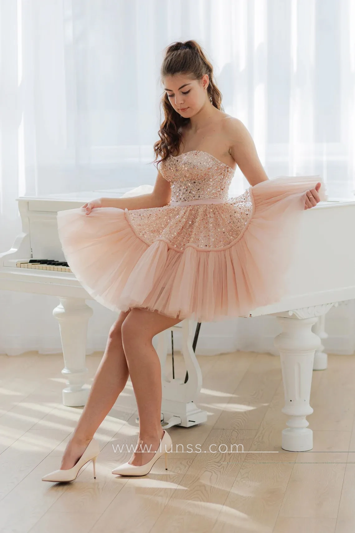 blush pink sequin and tulle strapless short party dress