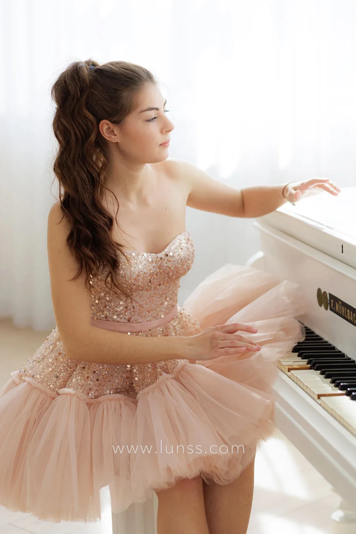 blush pink sequin and tulle strapless short prom dress
