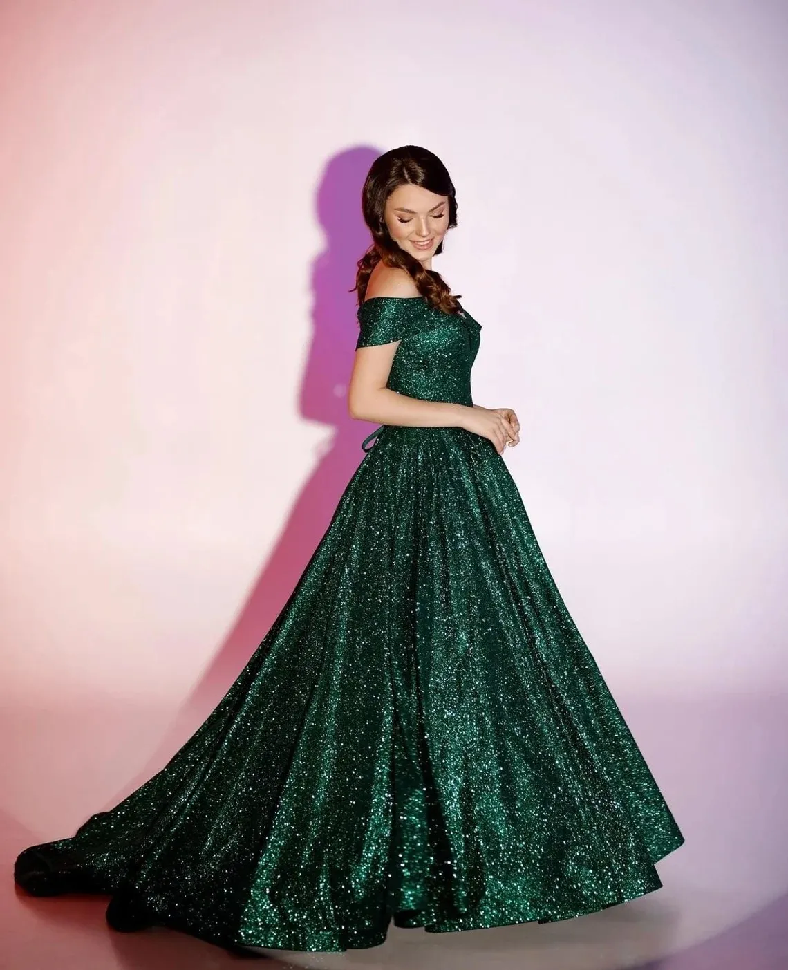 emerald green sparky mesh prom bal gown