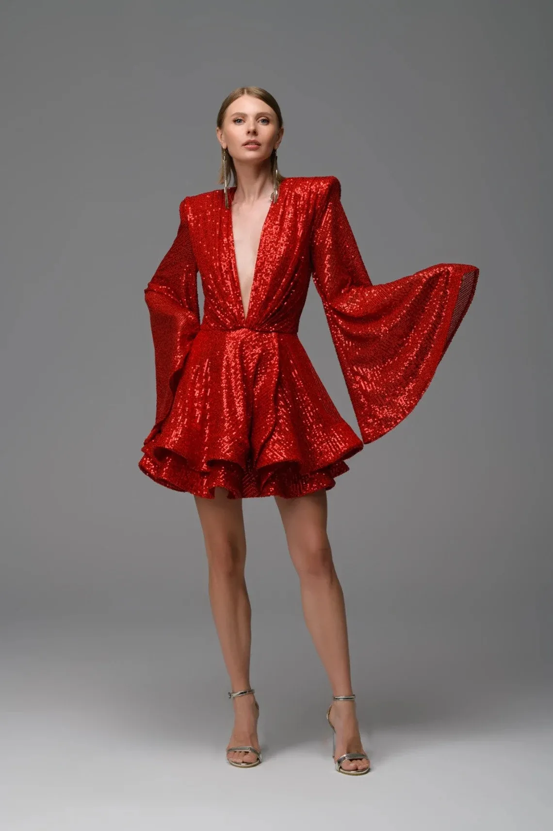 fashion red sequin plunging neck mini dress