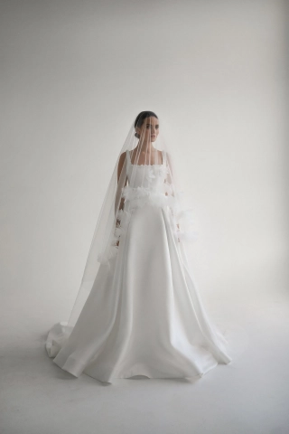 flattering ivory satin flower square neck wedding dress