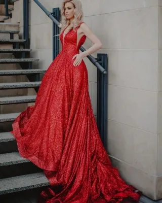 glitter red sequin plunging neck long train gala dress