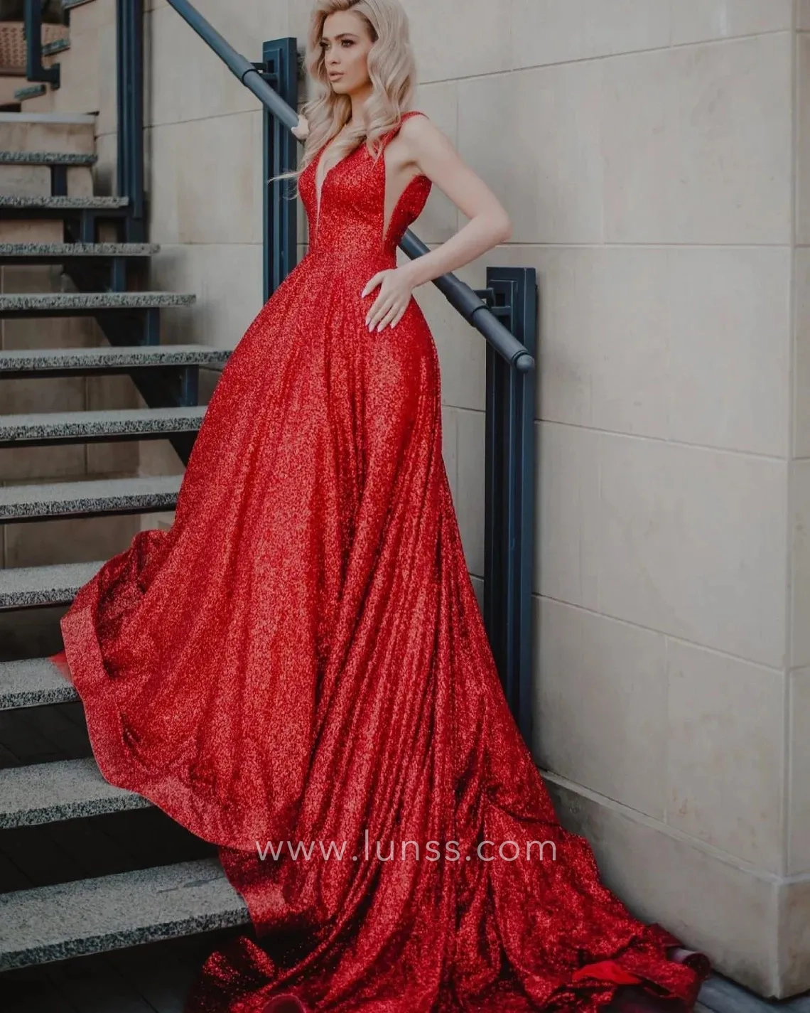 glitter red sequin plunging neck long train gala dress