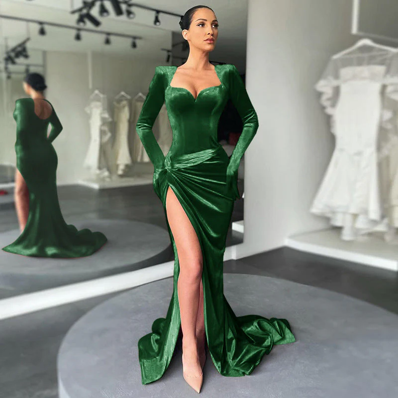 green velvet bodycon high slit dress