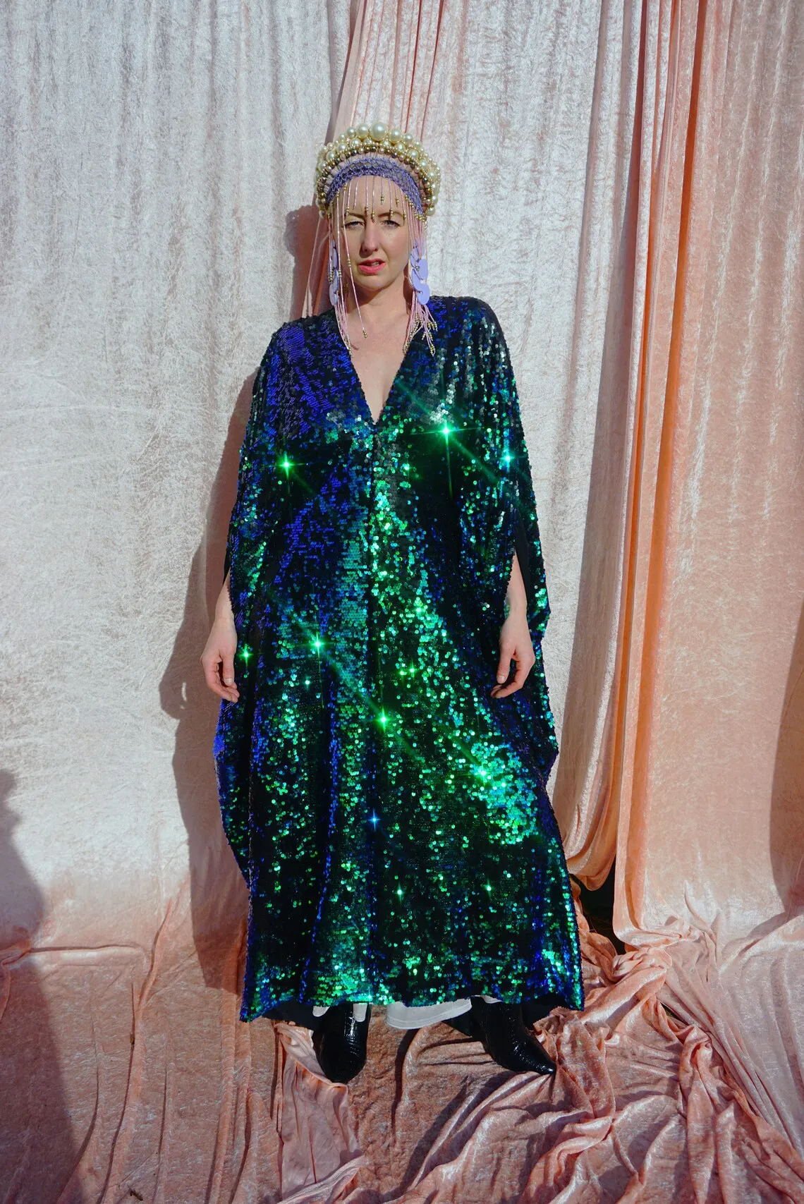 holo blue green reversible sequin v neck kaftan gown