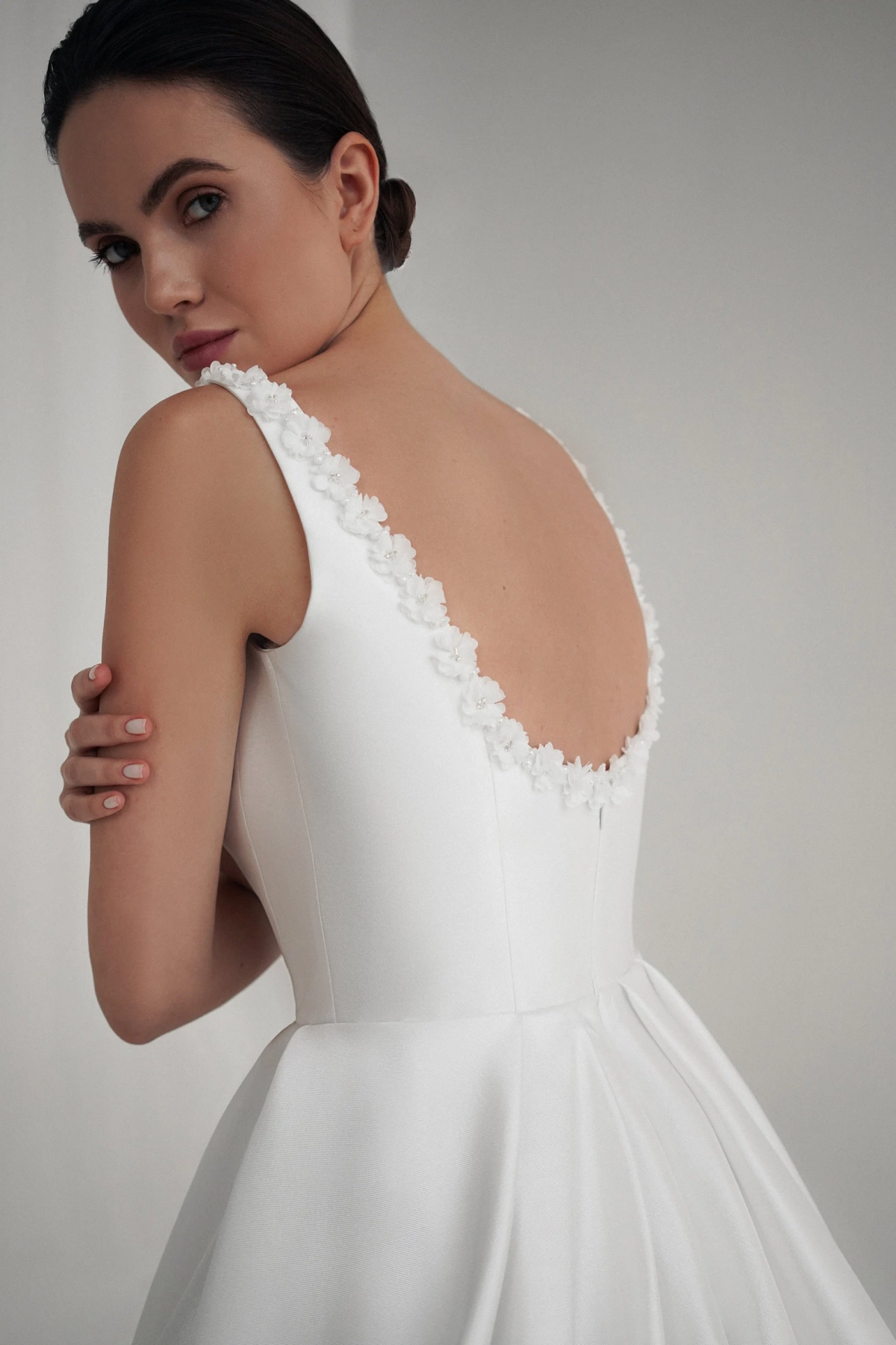 ivory satin U back wedding dress