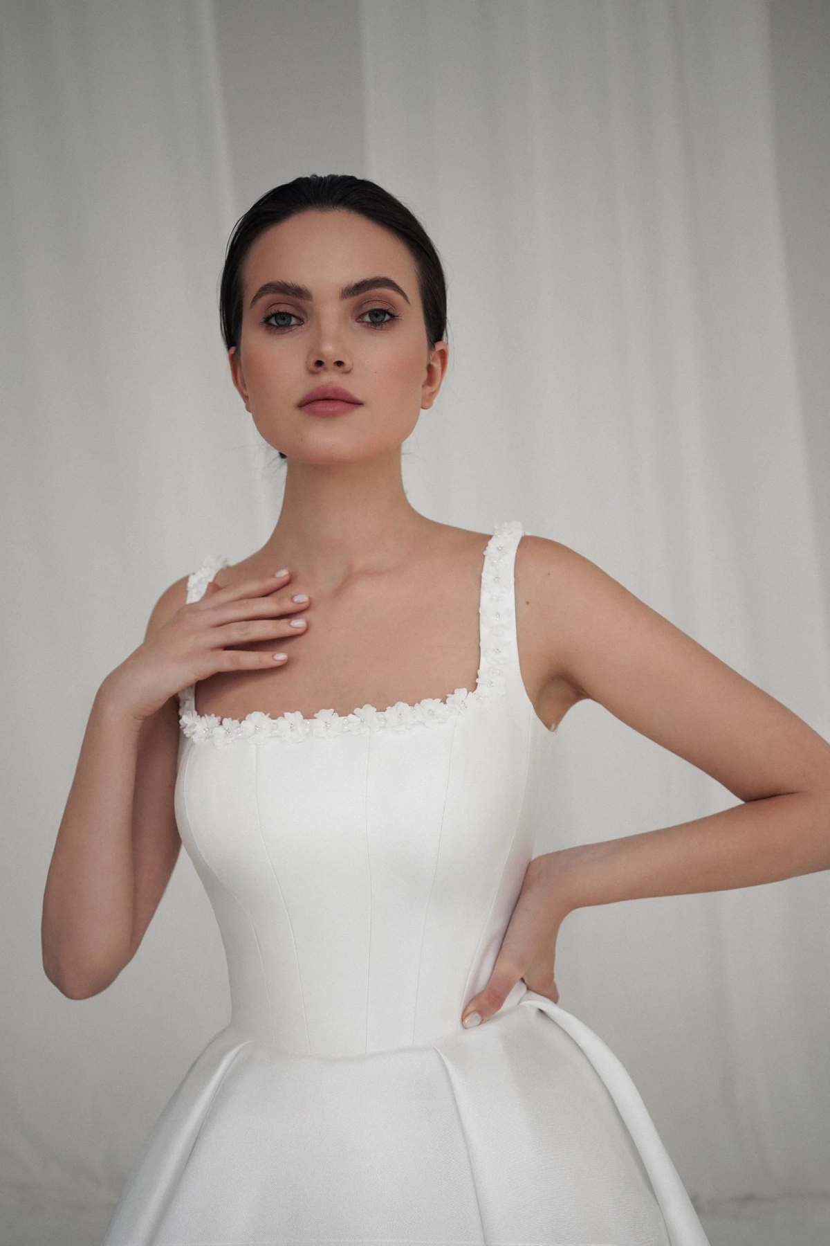 ivory satin flower square neck wedding dress