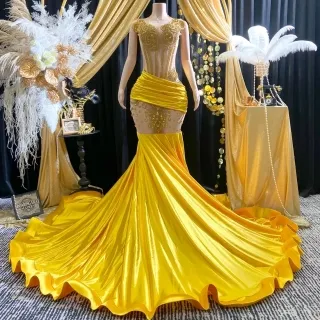 luxury gold beading illusion corset mermaid prom dress