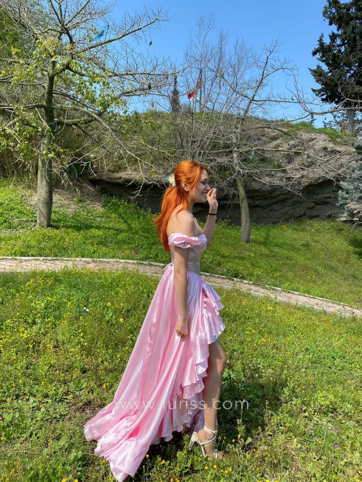 off shoulder pink satin ruffled graduation dress