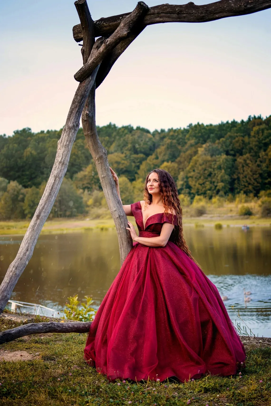 off the shoulder gllitter wine mesh puffy prom dres