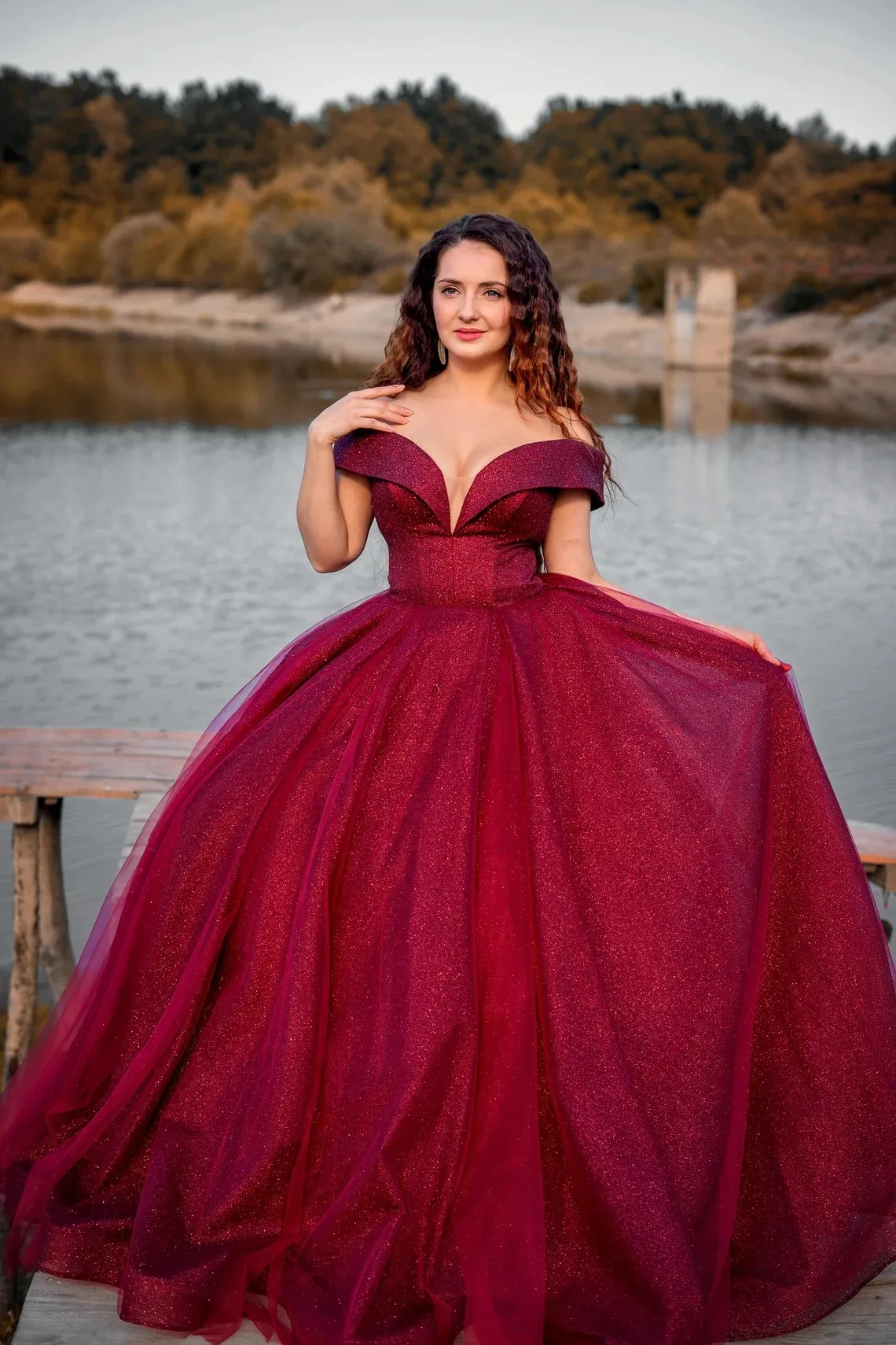 off the shoulder plunging neck sparky wine dance dress