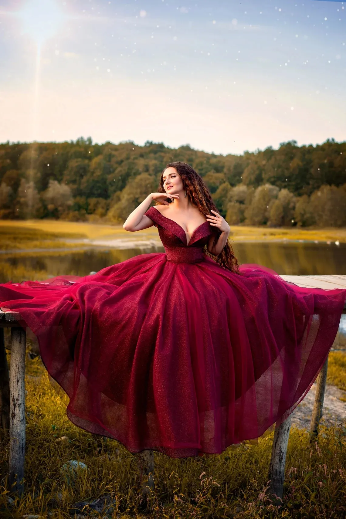 off the shoulder plunging neck sparky wine mesh puffy prom dress