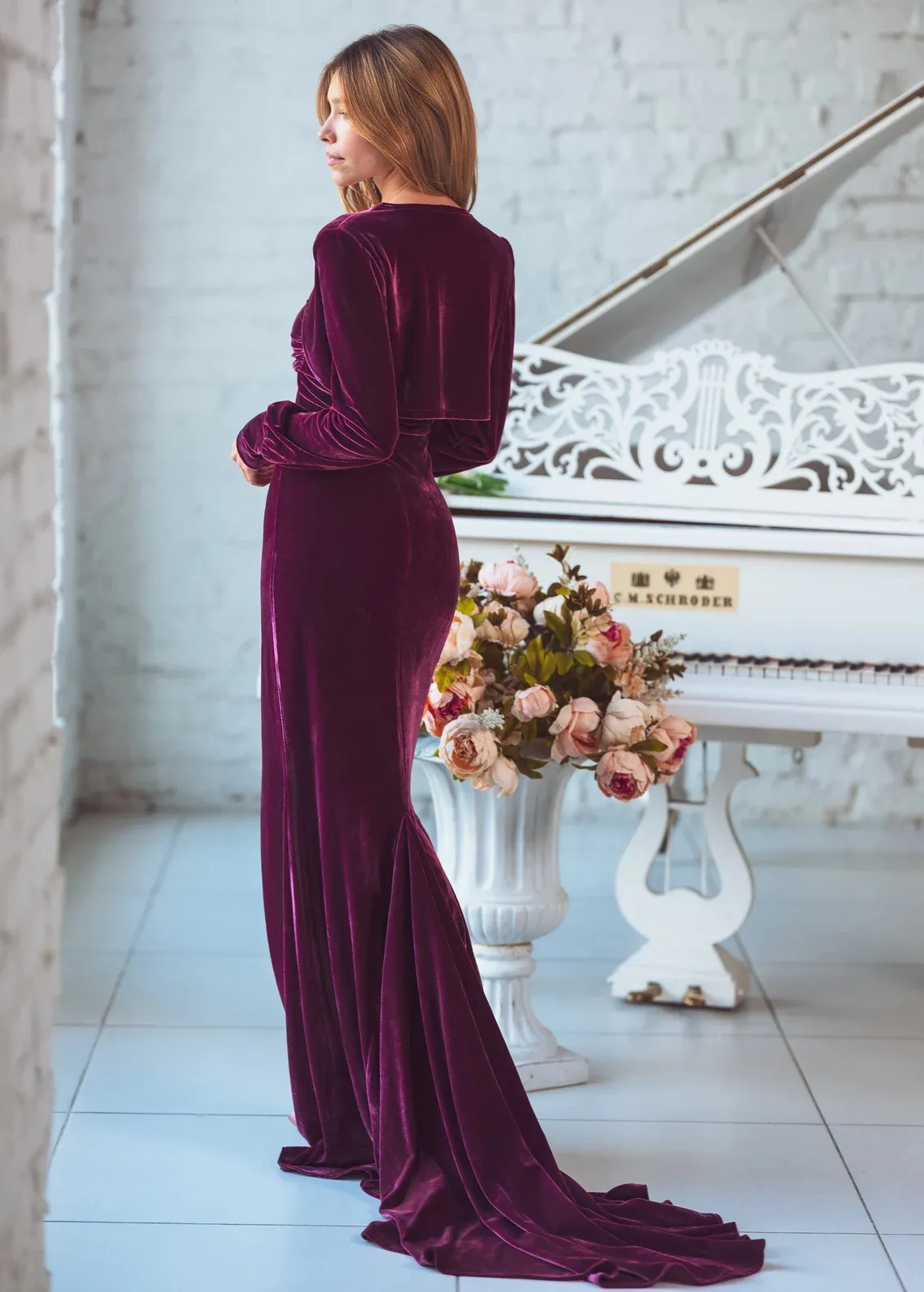 plum velvet evening dress with long sleeve jacket