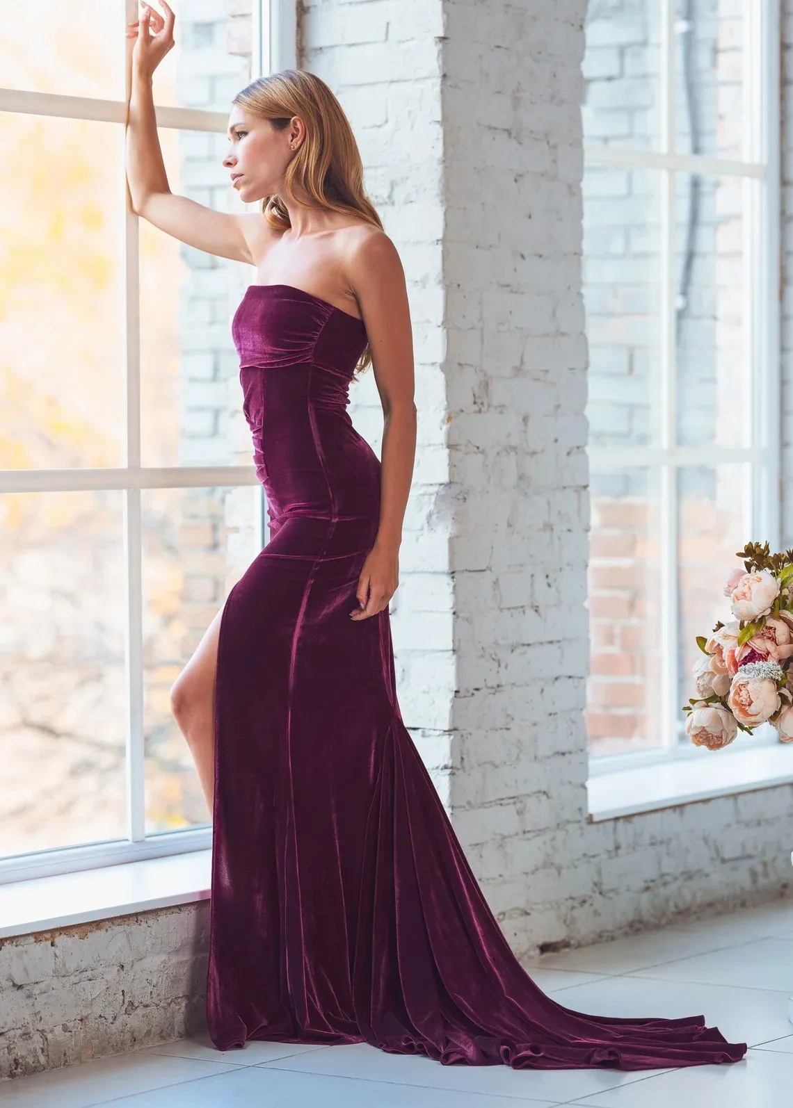 plum velvet mermaid slit wedding guest dress