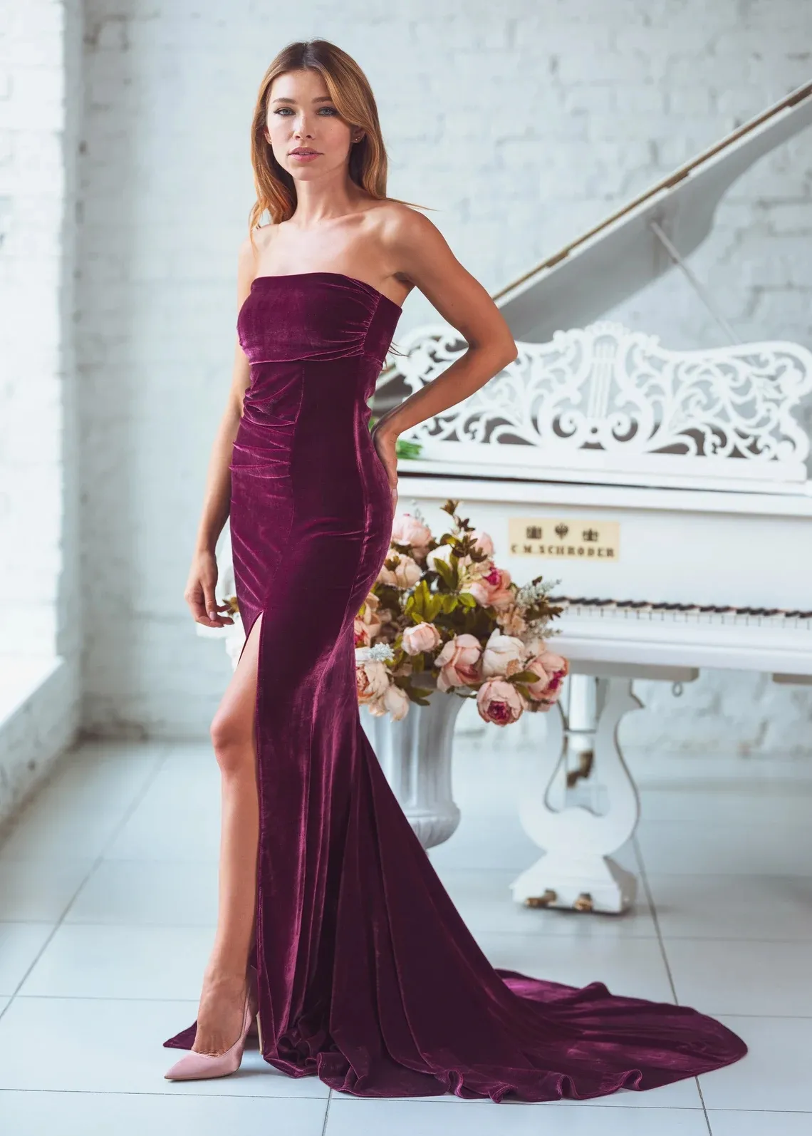 plum velvet strapless mermaid slit evening dress