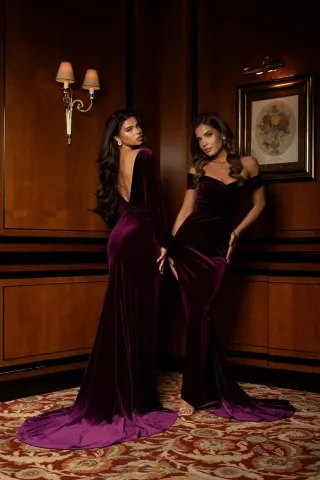 plum velvet v neck long sleeve mermaid evening dress
