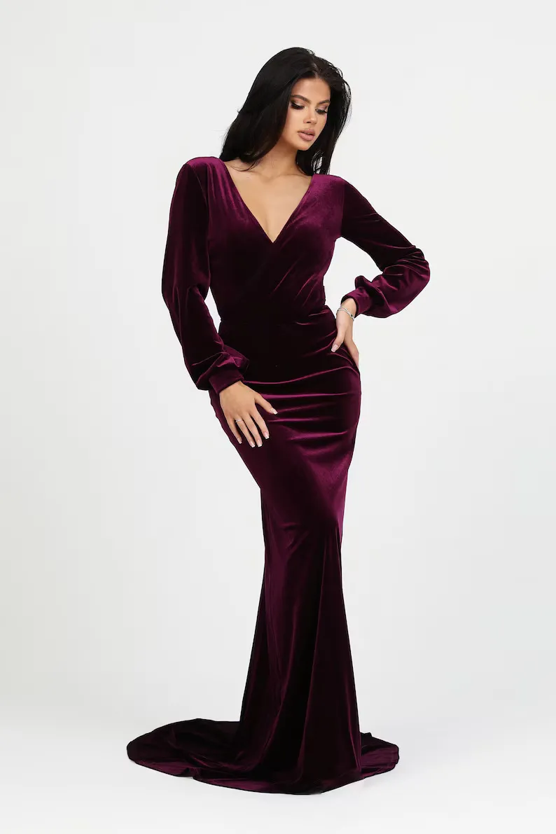 plum velvet v neck low v back reception dress